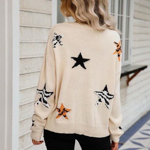 Rails Perci Cream Animal Print Star Crewneck Sweater Size L EUC - Picture 2 of 13